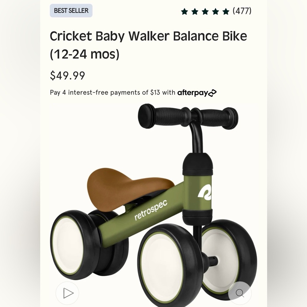 Retrospec Cricket Baby Walker Balance Bike.  Green with tan seat. Good condition